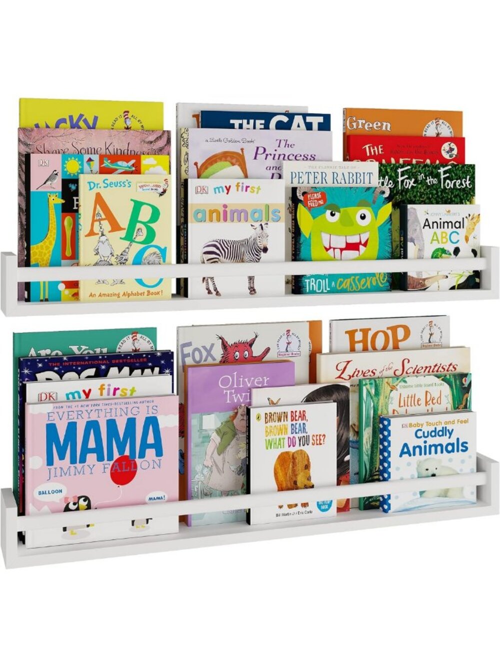 Set of 2 White Wall-Mounted Floating Bookshelves for Kids' Nursery Room Decor